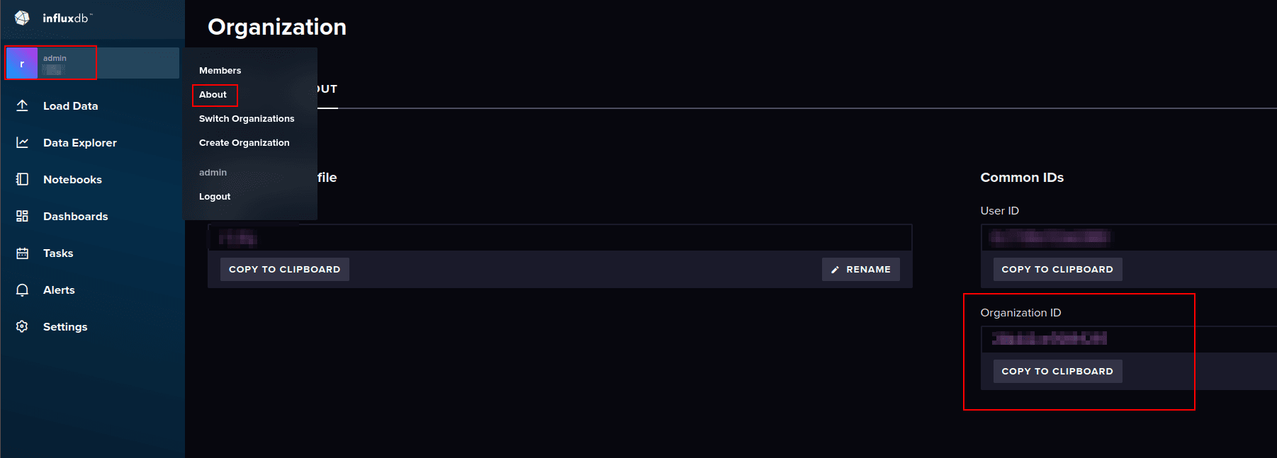 influxdb get organization id ui screenshot