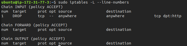 iptables list with line numbers