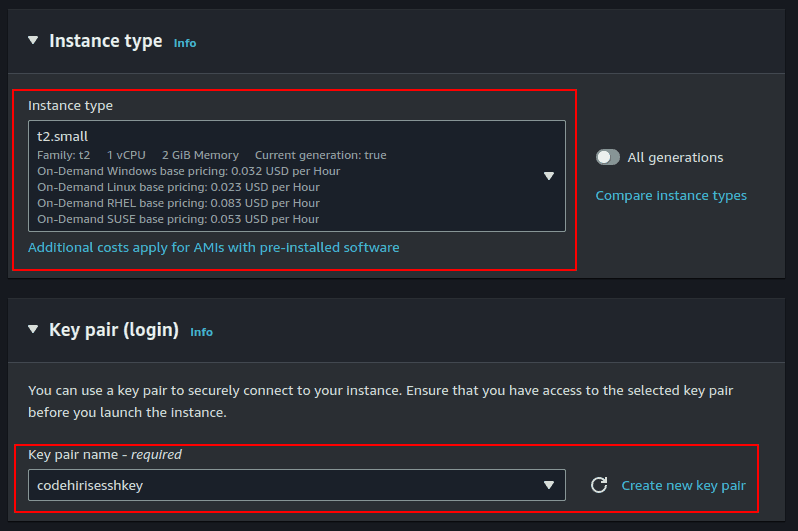 instance type and key pair