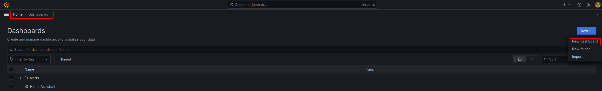 grafana add new dashboard ui screenshot