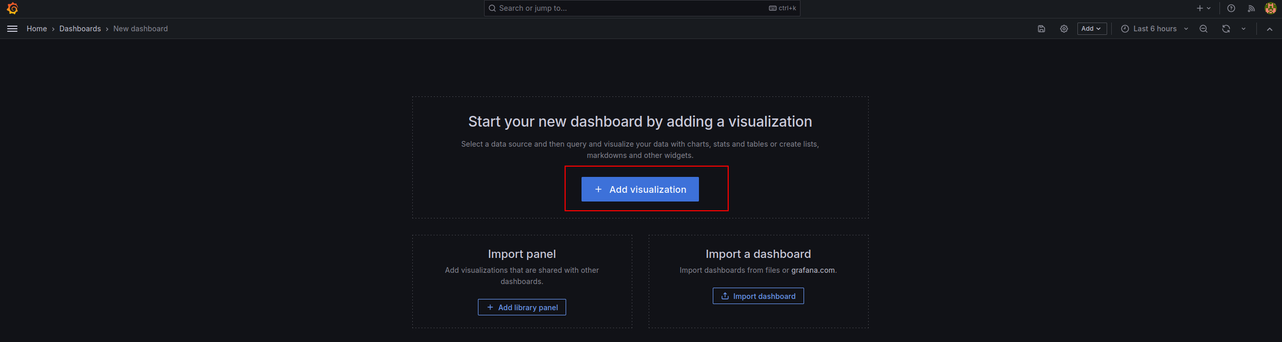 grafana add new dashboard ui screenshot