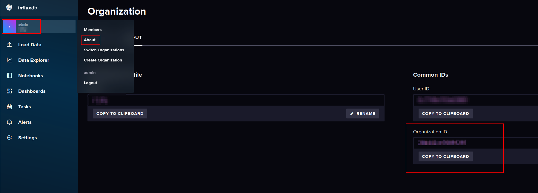 influxdb get organization id ui screenshot